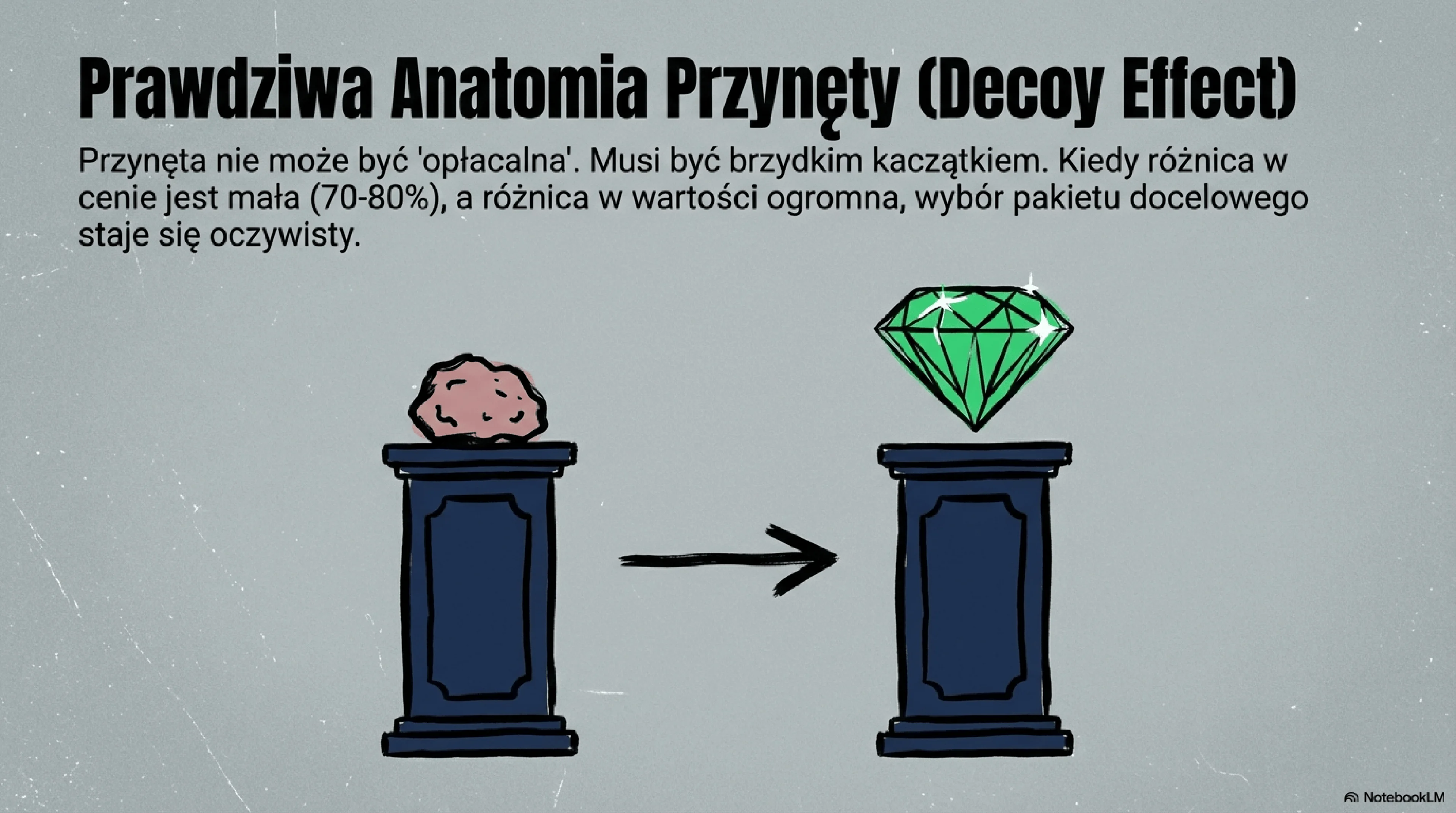 Diagram przedstawiający mechanizm efektu przynęty w ofertach trzypakietowych: trzy opcje A/B/C z opisem jak opcja B (przynęta) jest celowo słabo wyceniona, aby opcja C (cel sprzedażowy) wyglądała na najlepszy deal, z przykładami błędów: przynęta zbyt atrakcyjna, różnice abstrakcyjne, brak testowania hipotez