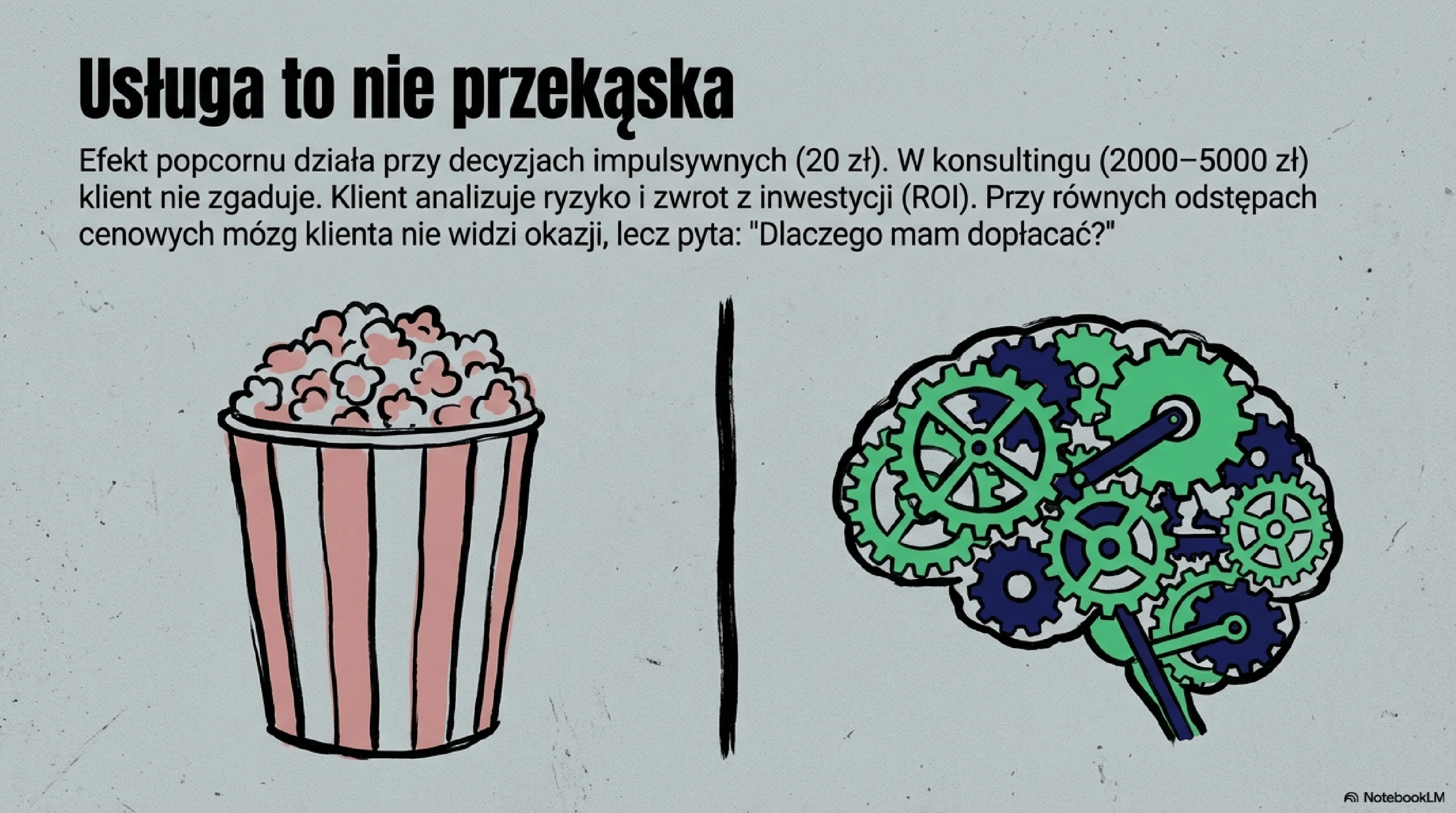 Grafika kontrastująca dwa rodzaje decyzji zakupowych: z lewej stronie popcorn w kinie symbolizujący impulsywne, niskowartościowe wybory, z prawej strony mózg z trybikami reprezentujący analityczne, wysokowartościowe decyzje konsultingowe - wizualizacja dlaczego psychologia cen popcornu nie działa w usługach