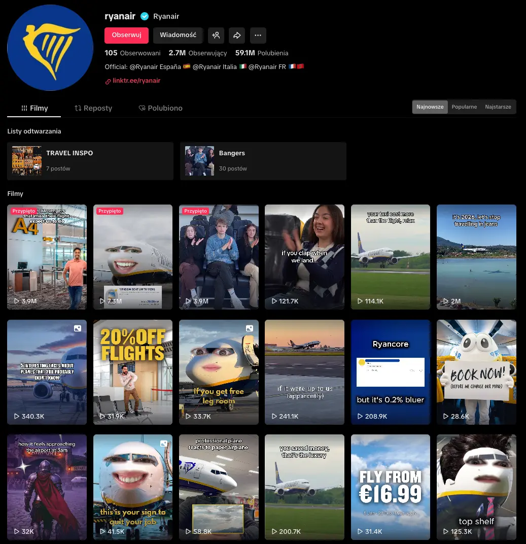 Ekran TikToka Ryanair – memy w języku Gen Z